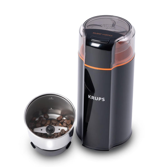 KRUPS: 3oz Silent Vortex Coffee and Spice Grinder with Removable Bowl Easy to Use, 5 Times Quieter 175 Watts Coffee, Spices, Dry Herbs, Nuts, Dishwasher Safe Bowl, 12 Cup Black