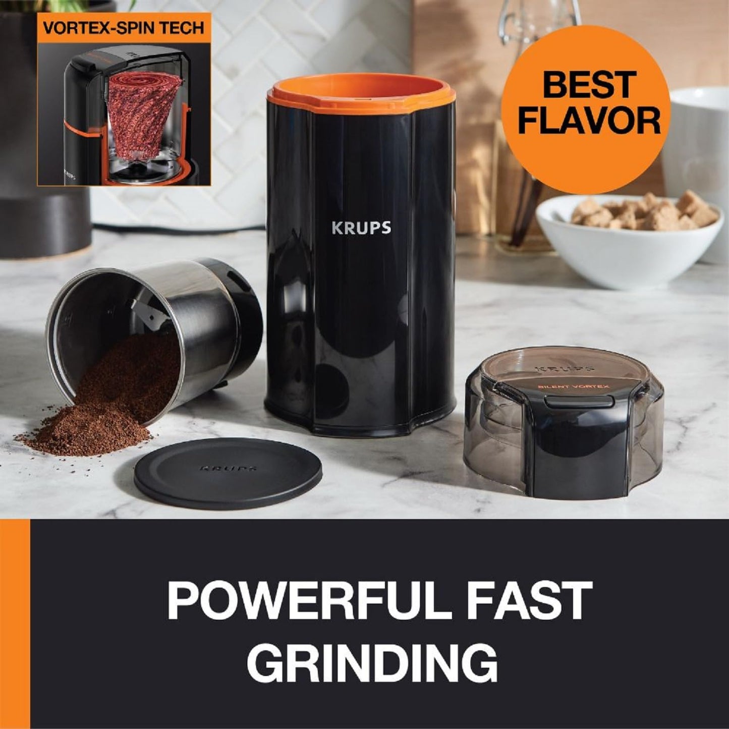 KRUPS: 3oz Silent Vortex Coffee and Spice Grinder with Removable Bowl Easy to Use, 5 Times Quieter 175 Watts Coffee, Spices, Dry Herbs, Nuts, Dishwasher Safe Bowl, 12 Cup Black